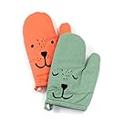 Yizi Zakka Cotton Oven Mitts, Cute Smiling Face, Heat Resistant Potholders, Oven Gloves for Cooking, Baking, Microwave, 1 Pair (1 Green and 1 Orange)