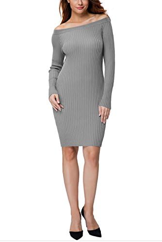 HJMY Women's Sweater Wear Sexy Shoulder Long Sleeve Thread Knit Sweater Dress (Grey)