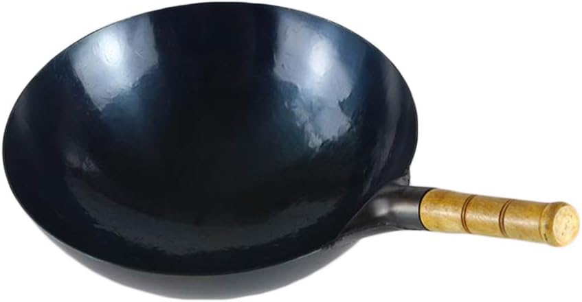 Hand Hammered Wrought Iron Pow Wok Pan Stir-Fry Pan with Wooden Handle, Traditional Pre-seasoned Round Bottom Wok, Asian Cuisine Wok (12.5 Inch (32cm))