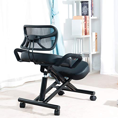 Mobile Kneeling Posture Chair Ergonomic Kneeling Chair Office with Orthopedic Back Pain Seat Adjustable Stool Thick Comfortable Cushions PU Black