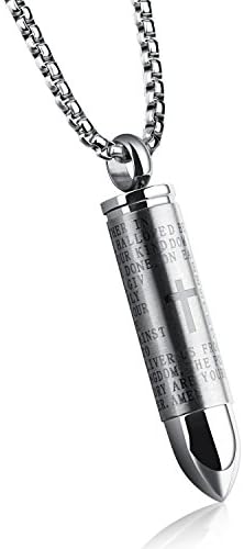 Lord's Prayer Cross Bullet Shaped Cremation Urn Necklace in Stainless Steel (Silver)