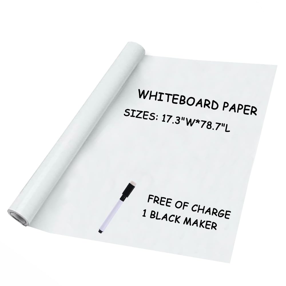 Whiteboard Paper Sticker Roll, DIY Self-Adhesive Dry Erase Paper Film, Large 17.3" X 78.7" with 1 Water-Based Pen Mark, Chalkboard Wallpaper for Home Office