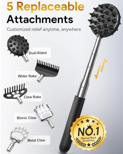 TUKUOS Telescoping Back Scratcher with 5 Detachable Scratching Heads, Rubber Handles, Anniversary Birthday Gifts for Men Women Back Scratcher for Men/Dad/Women/Adults