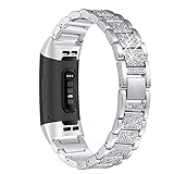 Mtozon Metal Bands Compatible Fitbit Charge 3, Replacement Metal Rhinestone Bling Bracelet Wristband for Women, Silver