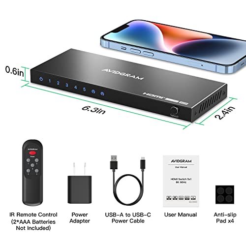8K Switch 2.1 HDMI 5 in 1 out, AVIDGRAM HDMI Switch 5 in 1 Output 4k 120hz with IR Remote Control, 5 Ports 8K 60Hz Selector Hub Compatible with 8K 48Gbps