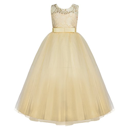 Acecharming Girls Lace Bridesmaid Wedding Dress with Bowknot Princess Prom Party Tulle Gown for 11-12 Year (Champagne)