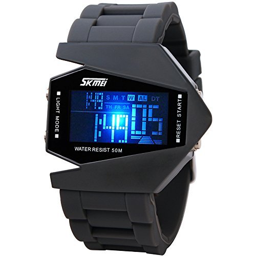 Skmei Military Stealth Fighter Cool 7 Color LED Light Water Resistant Mens Boys Sports Wrist Watch Grey