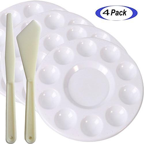 4PCS Round Paint Tray Bonus 2pcs Palette Knifes - Usparkle Plastic Palettes Artist Watercolor Oil Painting Tray, 6.7inches 10 Wells Pure White Palette Tray