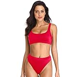 Dixperfect Two Pieces Bikini Sets Swimsuit Sports Style Low Scoop Crop Top High Waisted High Cut Cheeky Bottom (L, Red)
