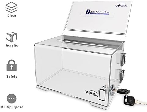 Donation Box with Lock - Acrylic Donation Box with Sign Holder, Clear Donation Box, Tips Box, Suggestion Box, Ballot Box, Collection Box with Detachable Sign Holder, 6" 1/4 x 4" 1/2 x 4"