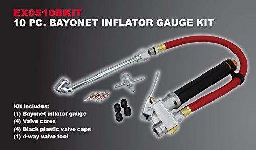 EXELAIR EX0510BKIT Analog Bayonet Tire Inflator Gauge Kit - 13" Air Hose, Dual-Foot Chuck, and Tire Valve Accessories - 120 PSI