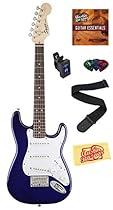 Squier by Fender Mini Strat Electric Guitar Bundle with Tuner, Strap, Picks, Austin Bazaar Instructional DVD, and Polishing Cloth - Blue
