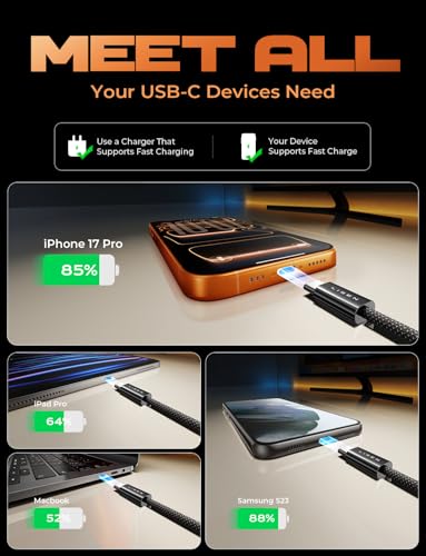 LISEN 60W Cable USB C 4 Unidades Cable Carga Rápida Type C, 1M/1M/2M/2M/3M | Tipo C Carga Rapida Nylon‌ USB C Cable C a C Compatible Con iPhone 17/16/15 Pro Max, Galaxy S25,MacBook Pro Air, iPad 2024