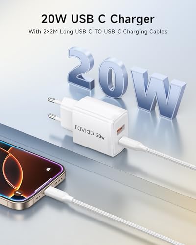 RAVIAD 20 W USB C Charger Pack of 2, [USBC + USBA] Fast Charger with USB C Cable 2 m, Power Supply Type C with 2 Port, Compatible with iPhone 17 16 15 Pro Max, Samsung Galaxy S25 S24 S23 Ultra