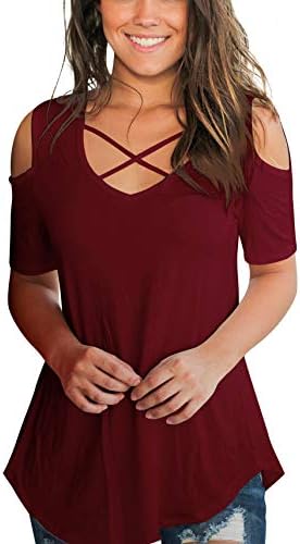 Aolakeke Cold Shoulder Short/Long Sleeve T Shirts V Neck Tops Casual Criss Cross Tunic Blouse