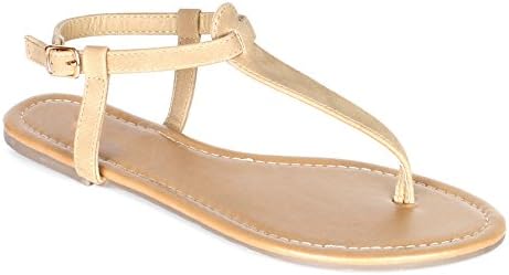 Women's T Strap Thong Gladiator Strappy Jelly Shiny Flat Flip Flops Sandals (7, Nude PU)