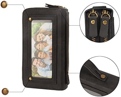 Iphone8/7 Plus Zipper Wallet Case, Multi-function Purse Removable Back Cover With Strong Magnetic, Dual Zipper Cash Storage And Card Slots Case With Mirror Hand Strap for Iphone 8/7 Plus_Black
