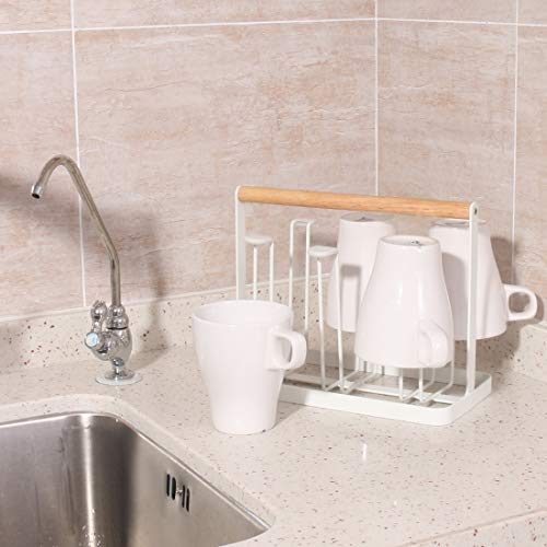 Cup Drying Rack Stand, 6 Cup Metal Drainer Holder Rack Non-Slip Mugs Cups Organizer with Wood Handle, White