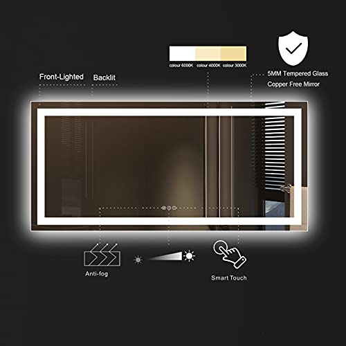 Amorho 60"x28" LED Bathroom Mirror for Wall, Backlit + FrontLighted Vanity Mirror, Dimmable