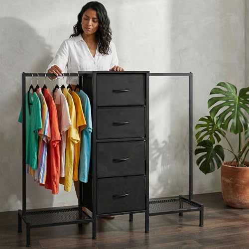 Closet Para Ropa armables, Perchero Para Ropa, con barra para colgar y 4 cajones, Closet ropero en forma de T, color marrón vintage (Negro)