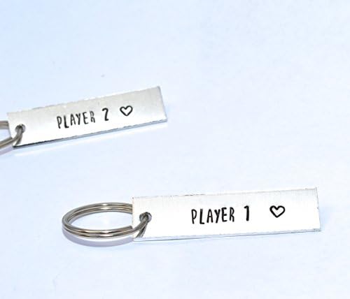 player 1 and player 2 heart aluminum metal stamped keychains