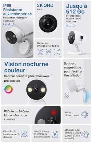 C120 Caméra Surveillance WiFi intérieure ou extérieure, QHD 4MP, Étanche IP66, Détection intelligentes de l'IA, Base magnétique, Double projecteur, Vision Nocturne, Audio Bidirectionnel