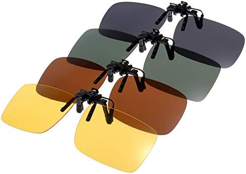 4-Pack Clip-on Sunglasses Polarized Over Glass Lenses for Outdoor Walking Driving Fishing Cycling Computer- (Night Vision Yellow + Grey + Dark Brown + Dark Green)