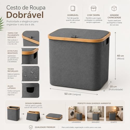 Cesto de Roupa Suja Dobrável com Tampa, Organizador para Lavanderia, Banheiro e Quarto