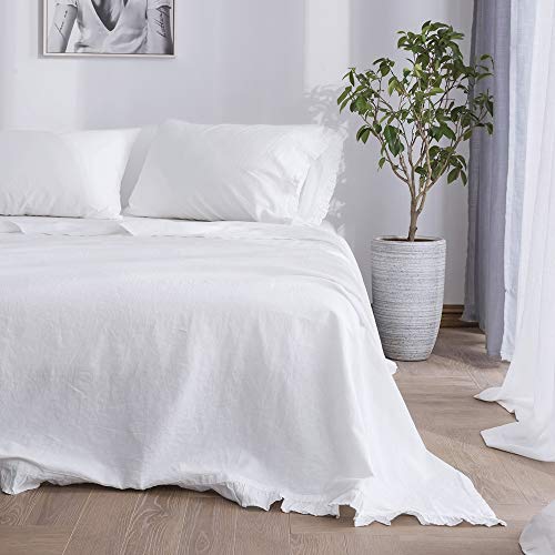 Simple&Opulence Belgian Linen Sheet Set 4PCS Solid Color Ruffles Flouncing(Full,White)