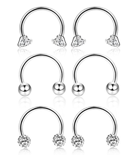JOERICA 5-6PCS 16G Stainless Steel Nose Rings Septum Lip Nipple Eyebrow Piercing Hoop Horseshoe Helix Tragus Cartilage Ear Piercings (G: White)