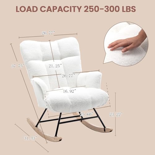 SAETSFEG Rocking Chair Nursery Teddy Upholstered Glider Rocker Chair Padded Seat with High Backrest Armchair Comfy Nursing Chair Indoor for Living Room Bedroom, White