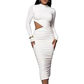 LAGSHIAN Women Sexy Long Sleeve Mock Neck One Piece Cutout Ruched Bodycon Midi Party Dress