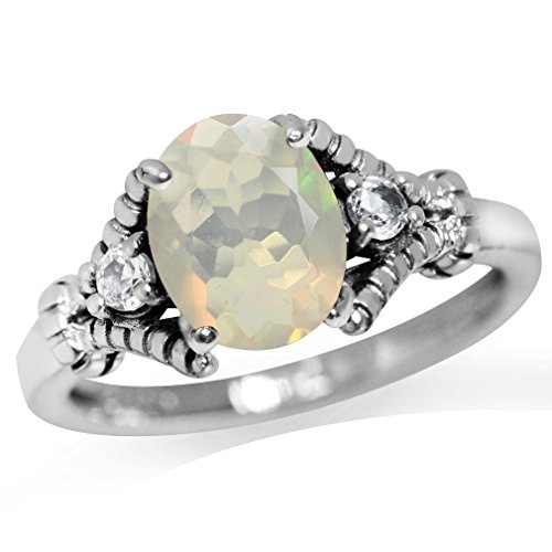 Genuine Opal & White Topaz 925 Sterling Silver Rope Cocktail Ring Size 6