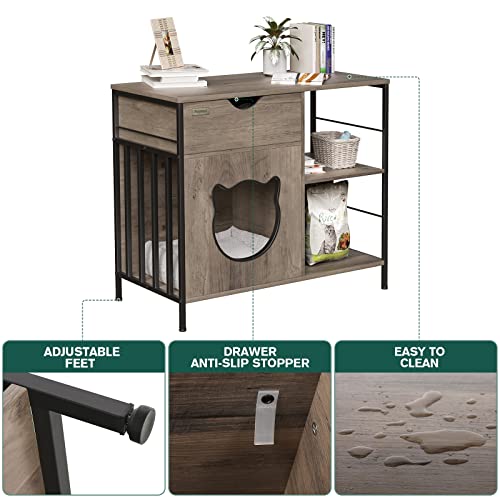 Cat Furniture Cabinet Enclosure,Cat House for Indoor Cats Side Table,Wooden Cat Cabinet with Drawer, Cat Home End Table with Storage Shelf, Nightstand,Grey