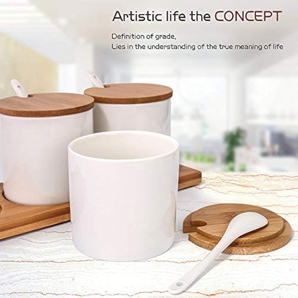 Condiment Pots Ceramic Food Storage Containers With Bamboo Lid Modern