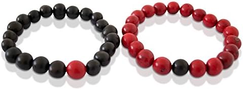 Couples His and Hers Distance Bracelets | Handmade Organic Fair Trade Jewelry | All-Natural Acai Seeds | Elastic Stretch Bracelet for Lovers Friends Sisters (Black and Red)