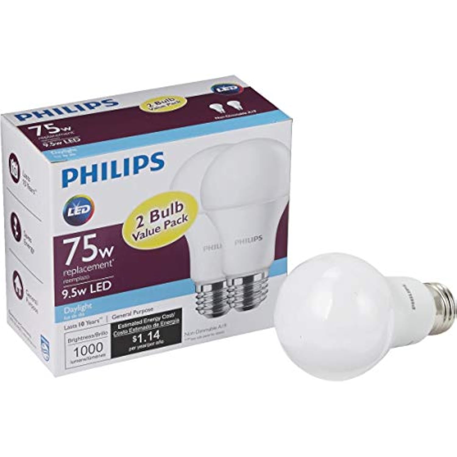 Philips 75W Equivalent Daylight A19 LED Light Bulb (2Pack) 46677463007