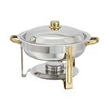 Winware 4 Quart Round Stainless Steel Gold Accented Chafer, Set of 2