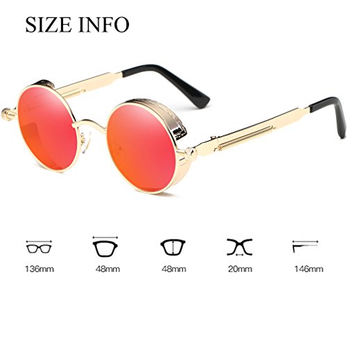 Dollger Vintage Steampunk Retro Metal Round Circle Frame Sunglasses (C2:Red Lens/Gold Frame, 100% UV Protection Lens)