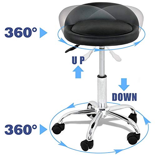 Oteymart Adjustable Hydraulic Rolling Stool Chair PU Leather Shop Stool Swivel Drafting Work Salon Stools with Wheels & Backrest (Black) - Thumbnail 5