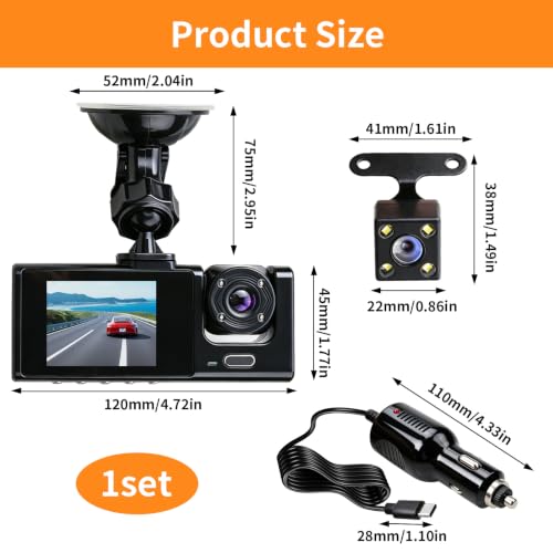 Angulo Ultraamplio 170° 3 Cameras 1080P Car Dashcam, Night Vision IR G-Sensor, 24H Parking Mode, Built-in WiFi Loop Recording, Ideal for VTC Driver and Car Security