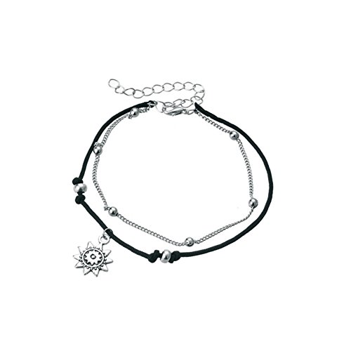 Afco Girls Boho Double Layer Anklet Sun Pendent Charm Women Foot Chain Ankle Bracelet Dress Accessory (Silver) - Thumbnail 4