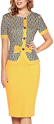 Fantaist Women's Short Sleeve Bowknot Button Patchwork Business Sheath Dress