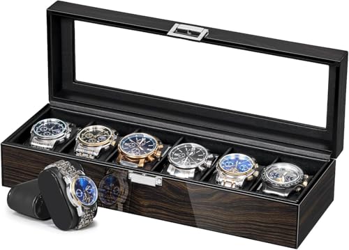 ANWBROAD Watch Cases for Men, 6 Slot Watch Box, Watch Display Case with Glass Lid, Jewelry and Watch Storage box, Mens Watch Box present for Men Women-Ebony Colored Piano Finish, UJWB006E