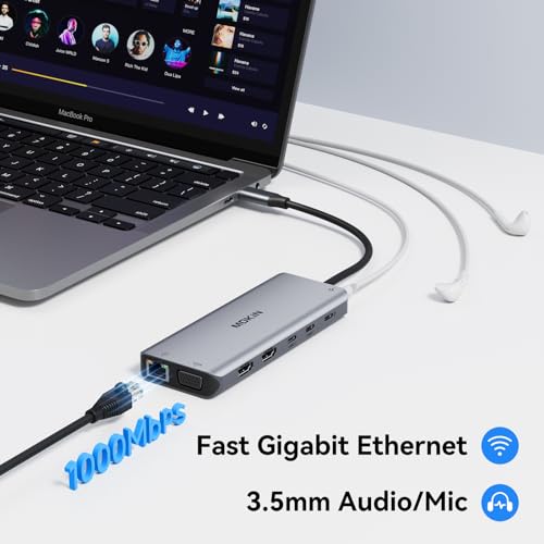USB C Docking Station Dual Monitor, 14 in 1 USB C Dock to Dual HDMI and VGA, Ethernet RJ45, 100W PD, USB 3.1/3.0/2.0, SD/microSD and Audio, USB C Hub for MacBook HP Lenovo Dell