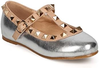 Fab Kicks DK60 Metallic Round Toe Studded T-Strap Ballerina Flat (Toddler/ Little Girl/ Big Girl) - Silver (Size: Big Kid 4)