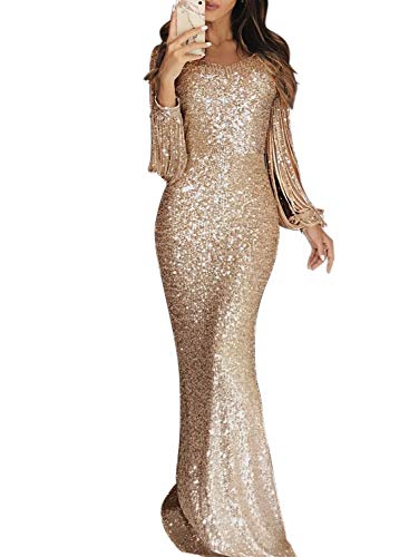 Elapsy Womens Elegant Sequined Tassel Long Sleeve Round Neck Fishtail Mermaid Evening Bandage Dress Cocktail Gown Apricot Small