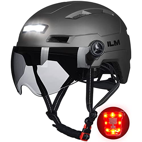 ILM Fahrradhelm mit Visier und LED Licht Mountain&Road Fahrradhelme für Damen und Herren Fahrradhelm für Pendeln in der Stadt E3-10L,Grau,XS