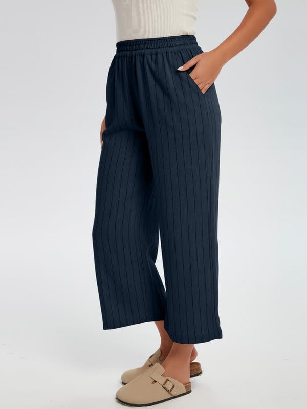 Les umes Women's Summer 7/8 High Waist Linen Pants with Pockets | Comfy Linen Striped Printed Capri Wide Leg Palazzo