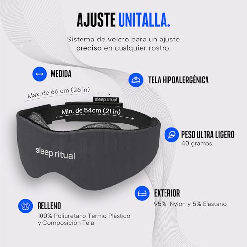 Sleep Ritual Antifaz para Dormir con Tecnología Blackout. Antifaz Premium con Copas Ajustables para Cero Presión Ocular y Tela Transpirable Amigable con la Piel con Velcro de firme fijación. Sleep Mask (Gris Oscuro)
